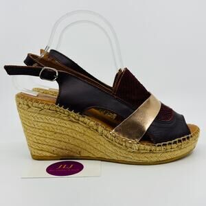 Naguisa Anthropologie Women's Wine Leather Espadrille Slingback Wedges Size 39
